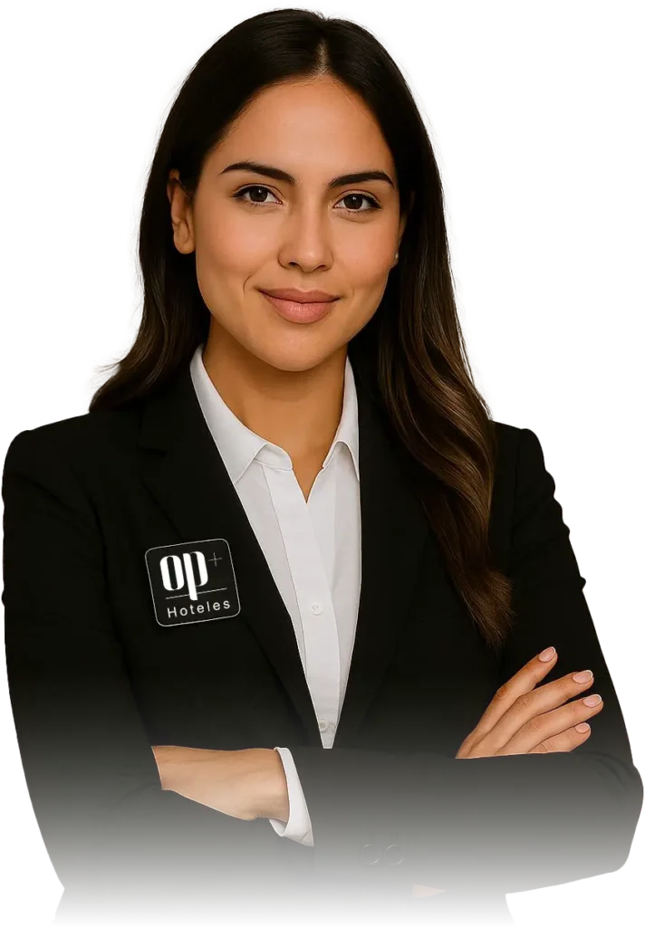 Mujer joven con uniforme profesional, sonriendo con los brazos cruzados. Lleva un blazer negro con una insignia que dice OP+ Hoteles.